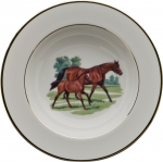 Bluegrass Rim Soup Bluegrass is at once modern and classic. On a pure white porcelain body, Wear presents exquisite images of blue-blooded Thoroughbreds in scenes as lovely as her famous portraits. The graceful renderings are encircled in hand-painted burnished gold bands. Cup handles are finished with hand-painted burnished gold, bringing a polished and quiet elegance to the table.

Please call store for delivery timing.